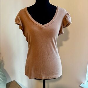 Women's Tan V-Neck Ruffle Sleeve Top